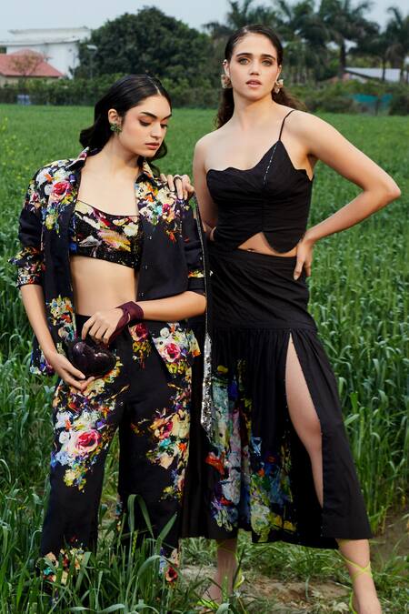 Buy_She'll_Black Poplin Asymmetric Crop Top And Skirt Set _Online_at_Aza_Fashions