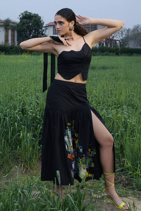 Shop_She'll_Black Poplin Asymmetric Crop Top And Skirt Set _Online_at_Aza_Fashions