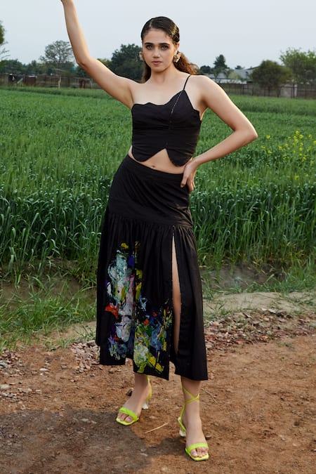 She'll Black Poplin Asymmetric Crop Top And Skirt Set