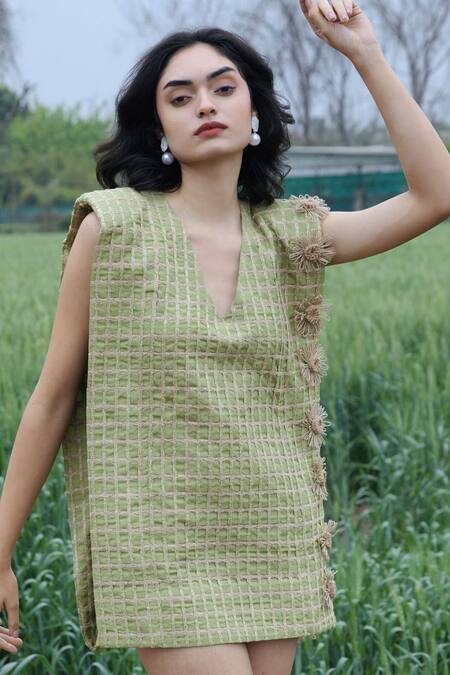 Buy_She'll_Green Fabric Flowers V-neck Lush Raw Silk Jute Dress _Online_at_Aza_Fashions