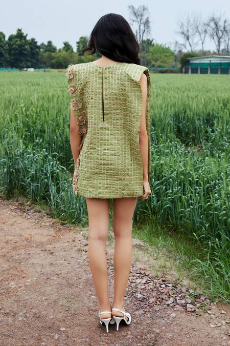 She'll Lush Green Raw Silk Jute Dress 