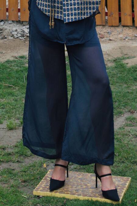 She'll_Blue V-neck Metallic Vest Shirt And Pant Set _Online_at_Aza_Fashions