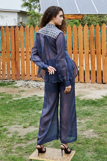 She'll Metallic Blue Vest Shirt & Pant Set 