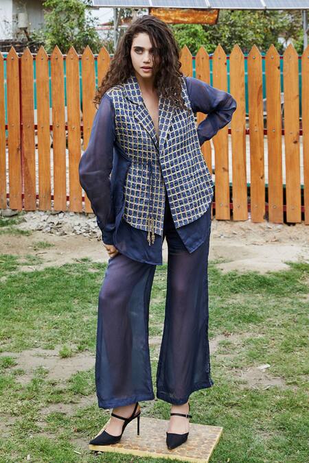 Shop_She'll_Blue V-neck Metallic Vest Shirt And Pant Set _Online_at_Aza_Fashions