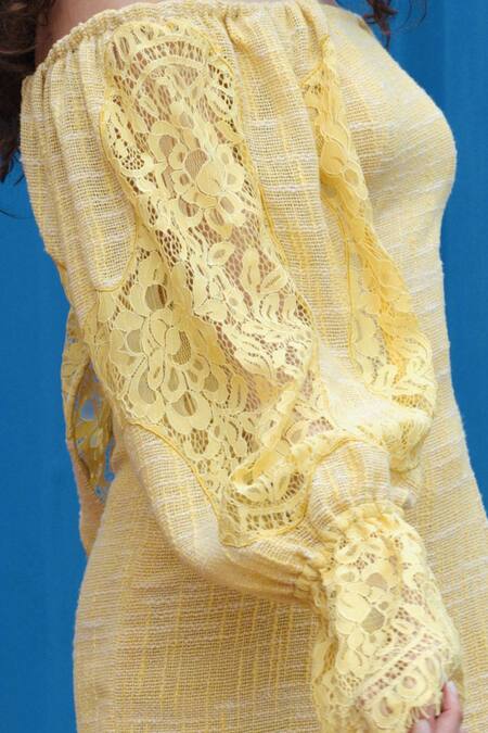 She'll_Yellow Jacquard Lace Off-shoulder Sleeve Dress _Online_at_Aza_Fashions