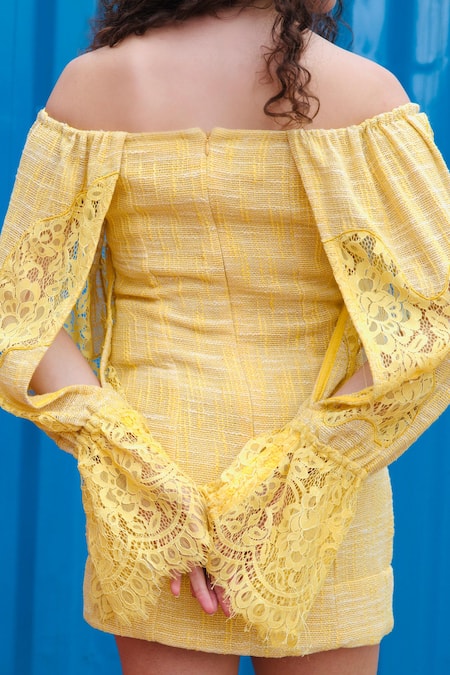Shop_She'll_Yellow Jacquard Lace Off-shoulder Sleeve Dress _Online_at_Aza_Fashions