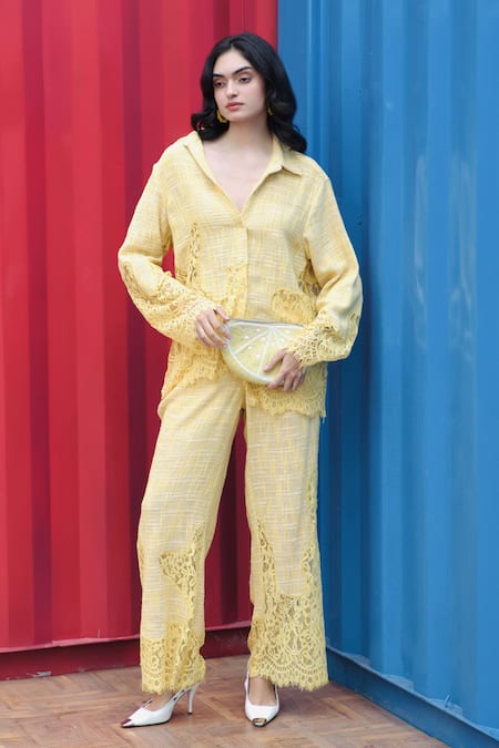 Buy_She'll_Yellow Jacquard Lace Collared Weaved Shirt Pant Set _Online_at_Aza_Fashions