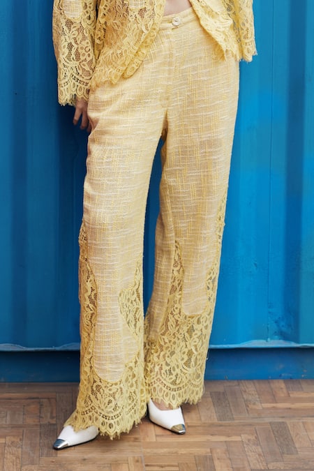 Shop_She'll_Yellow Jacquard Lace Collared Weaved Shirt Pant Set _Online_at_Aza_Fashions