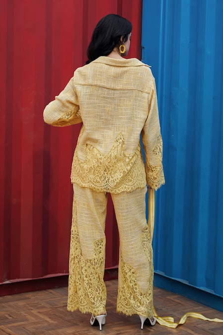 She'll Yellow Weaved Jacquard Shirt Pant Set 