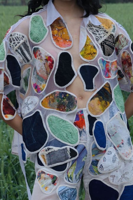 She'll_Multi Color Organza, Satin Embroidery, Applique Multicolor Shirt And Skirt Set _Online_at_Aza_Fashions