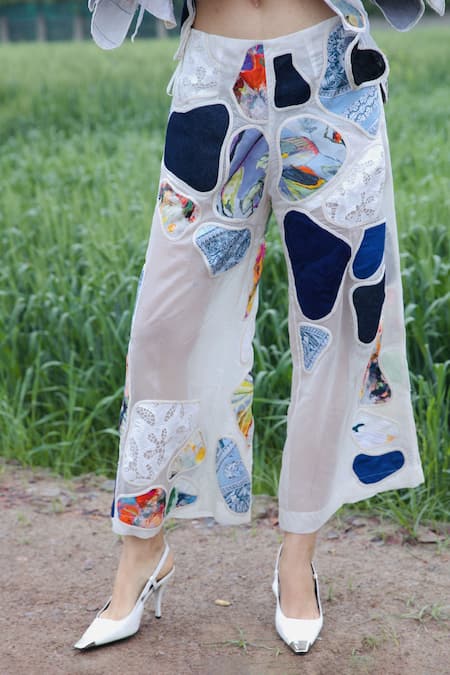 Buy_She'll_Multi Color Organza, Satin Embroidery, Applique Multicolor Shirt And Skirt Set _Online_at_Aza_Fashions