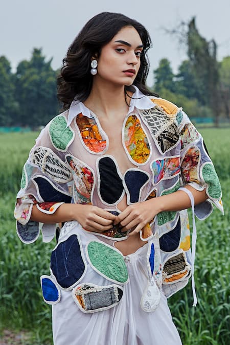 She'll_Multi Color Organza, Satin Embroidery, Applique Multicolor Shirt And Skirt Set _at_Aza_Fashions