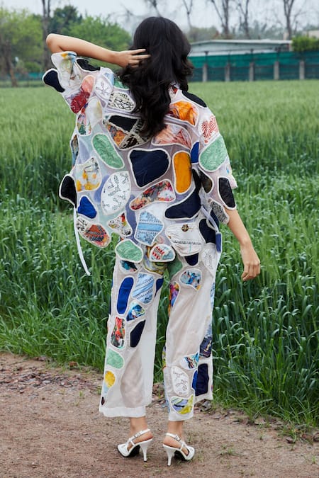 She'll Multicolor Organza Satin Shirt & Skirt Set 