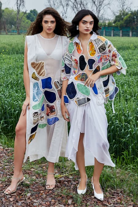 Buy_She'll_Multi Color Organza, Satin Embroidery, Applique Multicolor Shirt And Skirt Set 