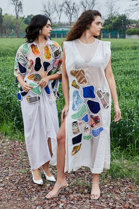 Shop_She'll_Multi Color Organza, Satin Embroidery, Applique Multicolor Shirt And Skirt Set 