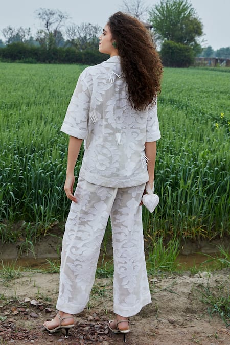 She'll Ivory Self Jacquard Shirt & Pant Set 