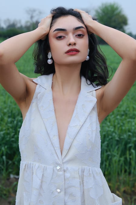 She'll_Ivory Tassels V-neck Self Jacquard Mini Dress _Online_at_Aza_Fashions