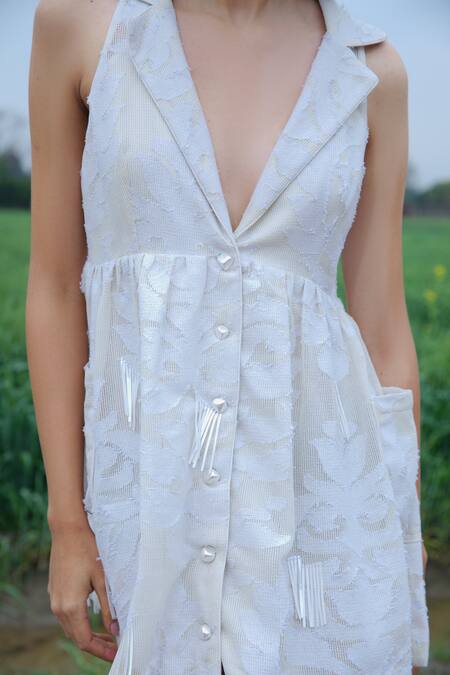 Buy_She'll_Ivory Tassels V-neck Self Jacquard Mini Dress _Online_at_Aza_Fashions