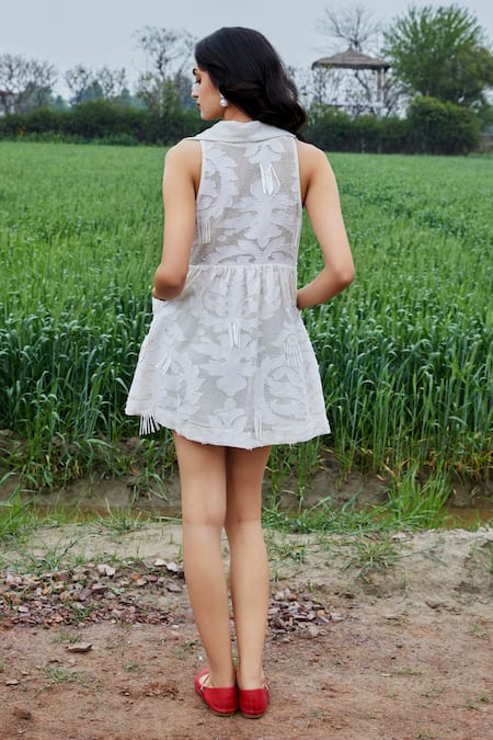 Shop_She'll_Ivory Tassels V-neck Self Jacquard Mini Dress _Online_at_Aza_Fashions