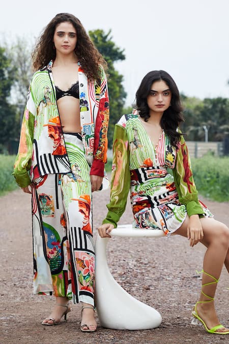 Buy_She'll_Mauve Satin Collared Multicolor Shirt And Pant Set _Online_at_Aza_Fashions