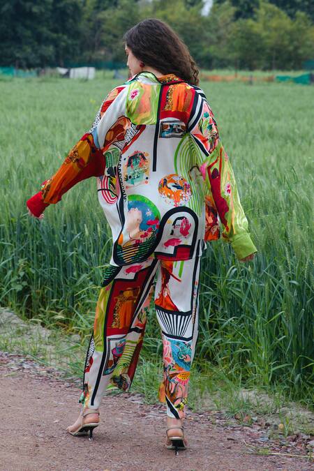 She'll Multicolor Satin Shirt & Pant Set 