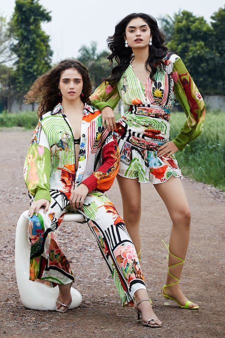 She'll_Mauve Satin Collared Multicolor Shirt And Pant Set _at_Aza_Fashions