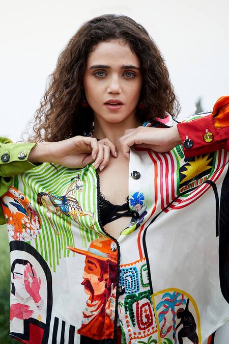 Shop_She'll_Mauve Satin Collared Multicolor Shirt And Pant Set 