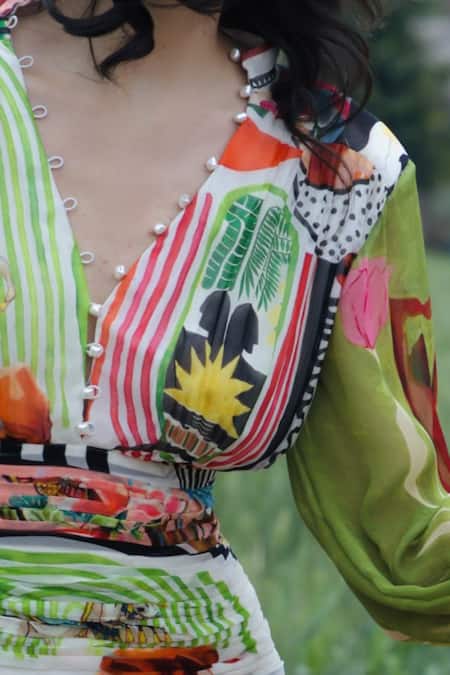 She'll_Multi Color Chiffon Plunge Neck, Multicolor Designer Dress _Online_at_Aza_Fashions