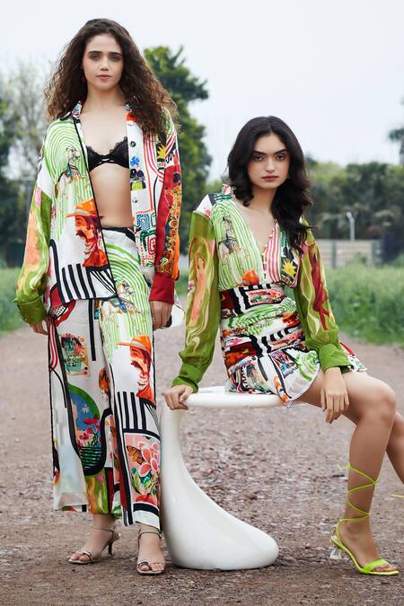 Shop_She'll_Multi Color Chiffon Plunge Neck, Multicolor Designer Dress _Online_at_Aza_Fashions