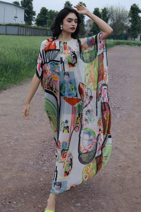 She'll Chiffon Round Neck Multicolor Kaftan 