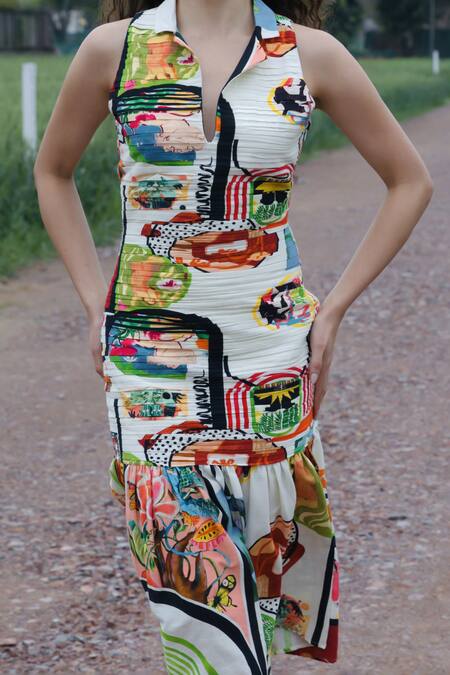 Buy_She'll_Linen Split V-neck Multicolor Designer Dress _Online_at_Aza_Fashions