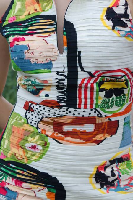 Shop_She'll_Linen Split V-neck Multicolor Designer Dress _Online_at_Aza_Fashions