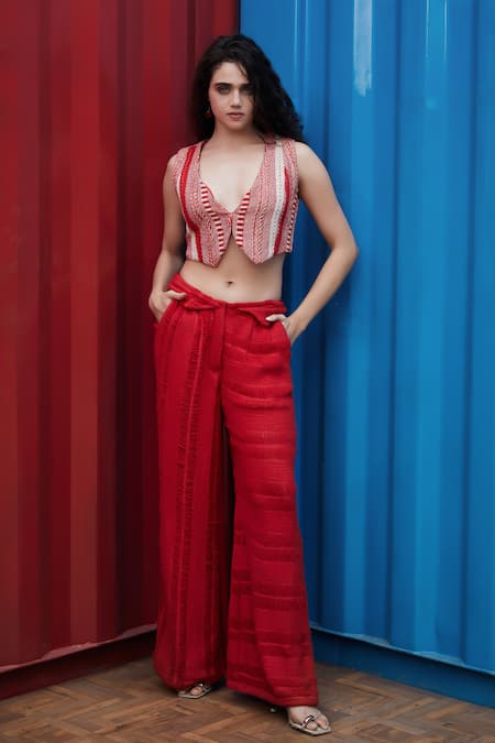 Shop_She'll_Red Jacquard Round Neck, Sheer Stripe Set _Online_at_Aza_Fashions