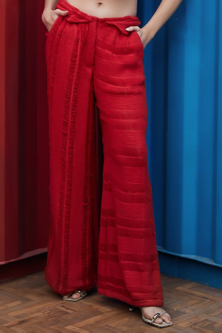 She'll_Red Jacquard Round Neck, Sheer Stripe Set _at_Aza_Fashions