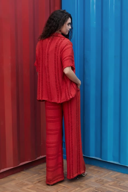 Buy_She'll_Red Jacquard Round Neck, Sheer Stripe Set 