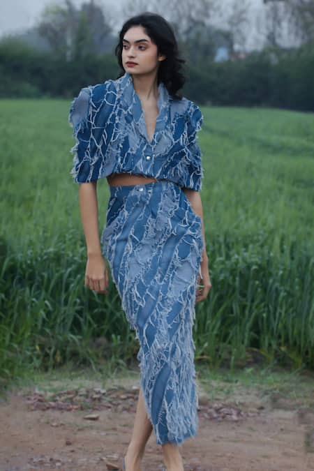 She'll_Blue Denim Fringe V-neck Light Jacket And Skirt Set _Online_at_Aza_Fashions