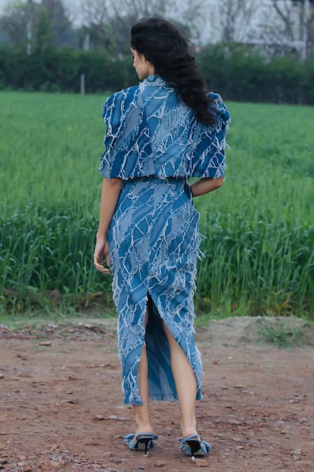 She'll Light Blue Fringed Denim Jacket & Skirt Set 