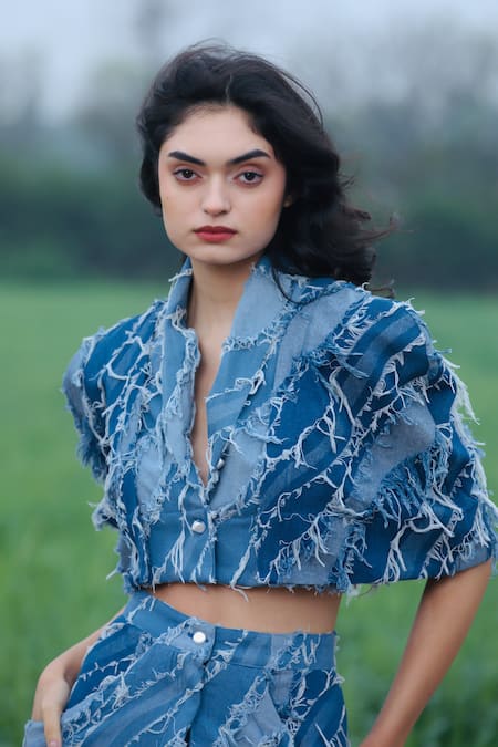 She'll_Blue Denim Fringe V-neck Light Jacket And Skirt Set _at_Aza_Fashions