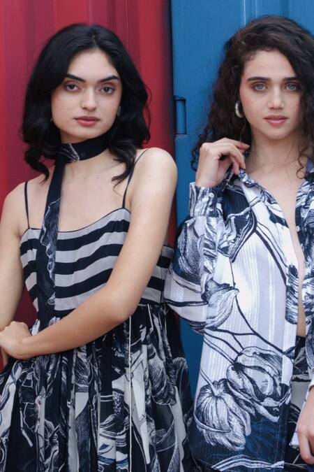 Buy_She'll_Blue Collared Blue-white Floral Print Shirt And Skirt Set _Online_at_Aza_Fashions