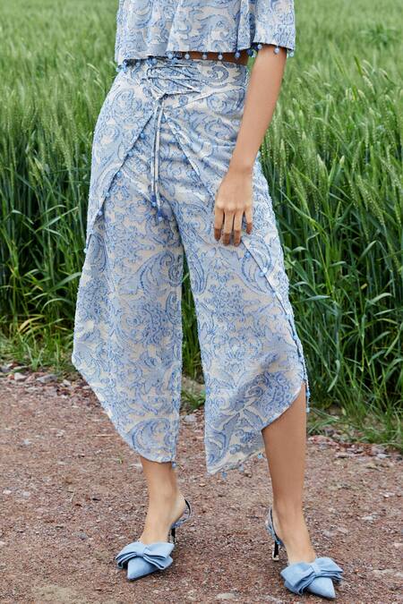 Shop_She'll_Blue Jacquard Beads Off-shoulder Misty Self Sheer Set _Online_at_Aza_Fashions