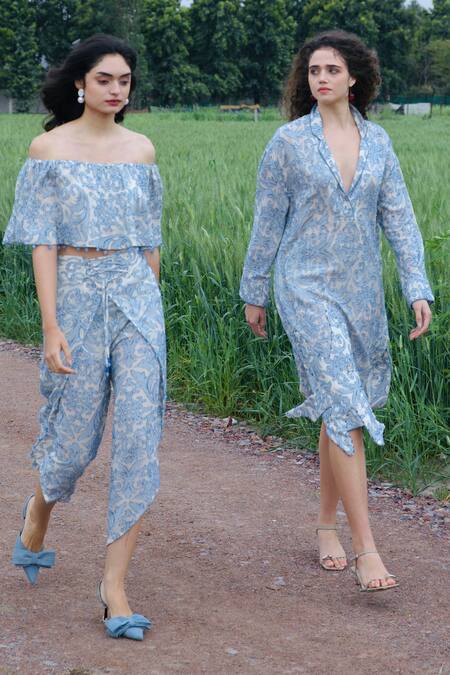 She'll_Blue Jacquard Beads Off-shoulder Misty Self Sheer Set _at_Aza_Fashions