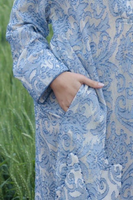 She'll_Blue Jacquard V-neck Misty Self Sheer Dress _Online_at_Aza_Fashions