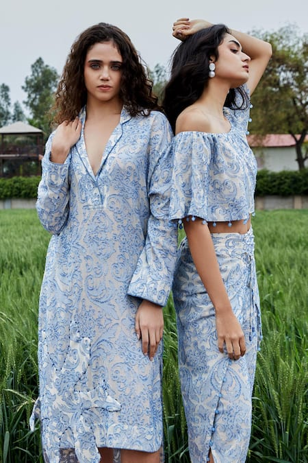 Buy_She'll_Blue Jacquard V-neck Misty Self Sheer Dress _Online_at_Aza_Fashions