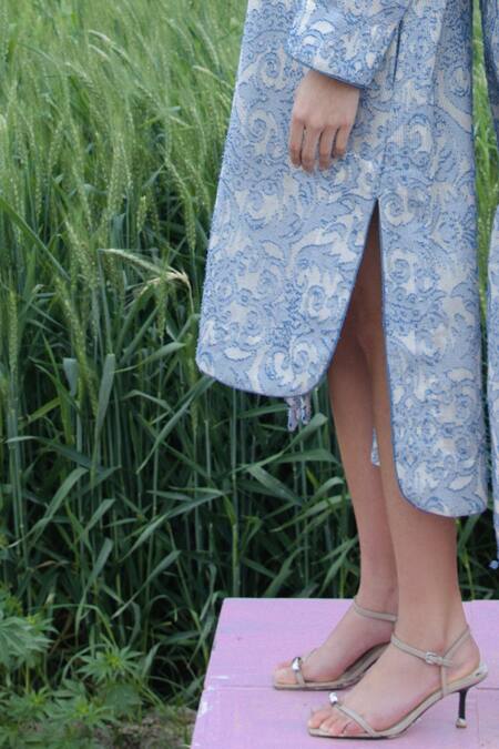 Shop_She'll_Blue Jacquard V-neck Misty Self Sheer Dress _Online_at_Aza_Fashions