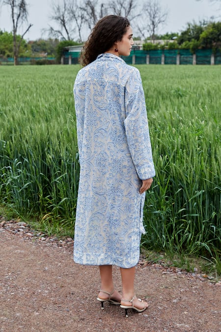 She'll Misty Blue Self Sheer Jacquard Dress 
