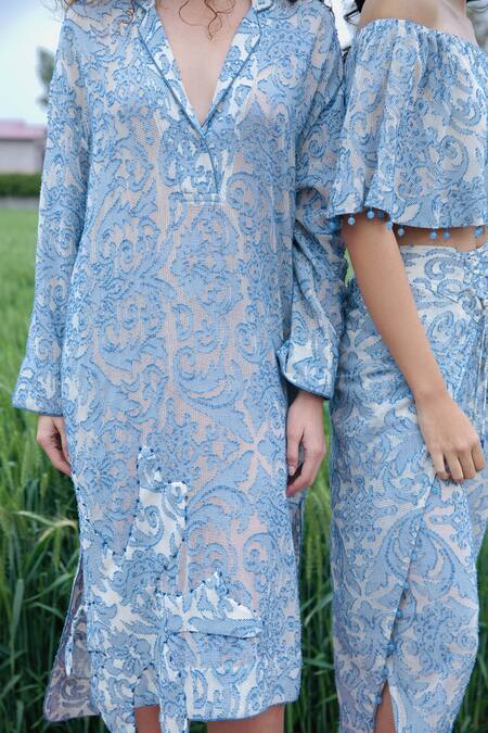 She'll_Blue Jacquard V-neck Misty Self Sheer Dress _at_Aza_Fashions