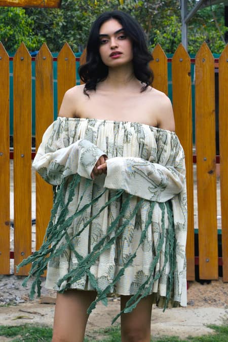 She'll_Olive Green Tassels Off-shoulder Self Sheer Jacquard Dress _Online_at_Aza_Fashions