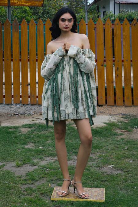 Shop_She'll_Olive Green Tassels Off-shoulder Self Sheer Jacquard Dress _Online_at_Aza_Fashions