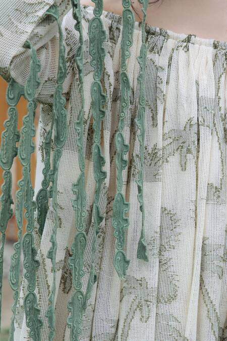 She'll_Olive Green Tassels Off-shoulder Self Sheer Jacquard Dress _at_Aza_Fashions