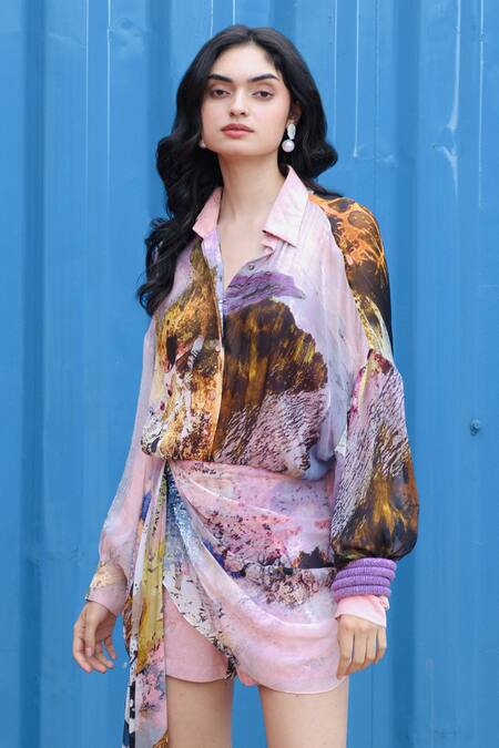 Shop_She'll_Coral Chiffon Collared Designer Dress _Online_at_Aza_Fashions